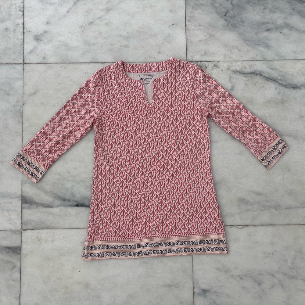 Coolibar Tunic Top Red White Print UPF 50 Women Small Boho Resort Beach Cruise